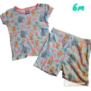 Disney Princess Parks Girls 6 All Over Castle Flower 2 Piece Pj Shirt Short Set